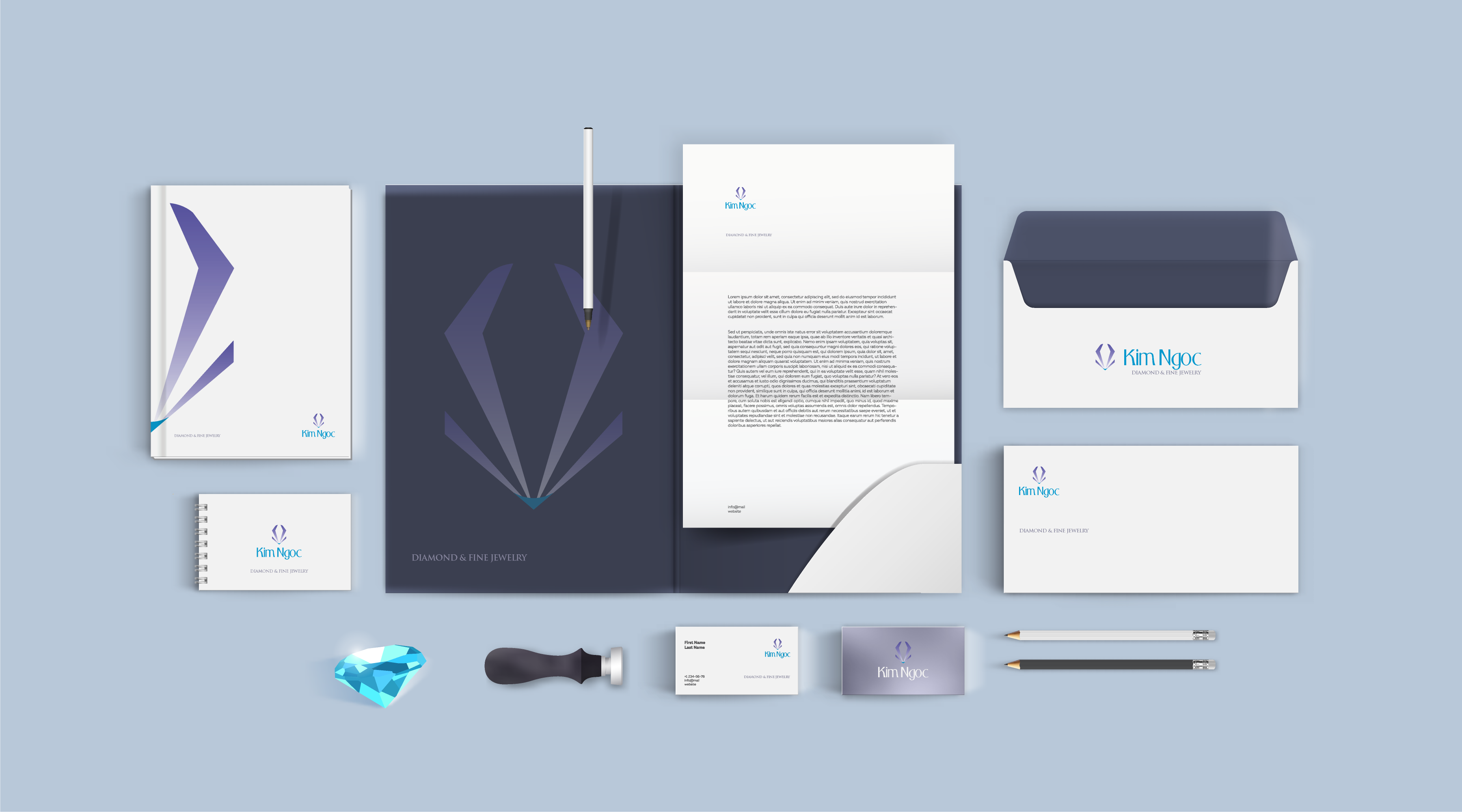 Apercher Marketing Solutions for jewelry store logo design - Kim Ngoc Diamond & Fine Jewelry Stationary Design for business cards, letterheads, and envelopes
