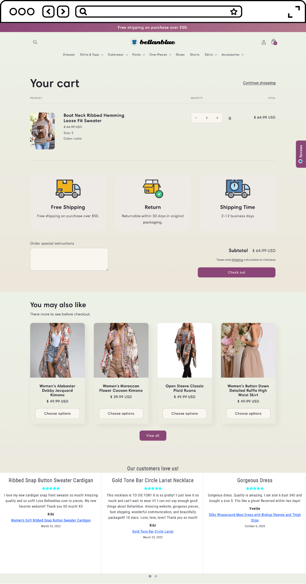 Apercher Website Design: Bellanblue e-commerce fashion website design cart page