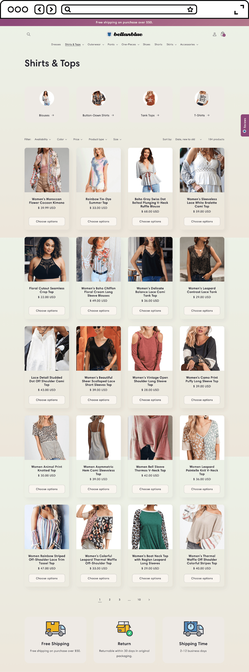Apercher Website Design: Bellanblue ecommerce fashion website design shirts and tops collection page in desktop view
